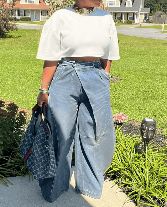 Oversized Flap Over Statement Wide-Leg Denim Pants