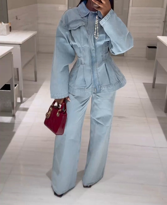 Autumn Denim Pleated Set