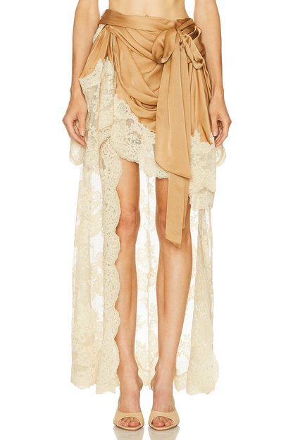 Satin Layered Pleated Lace Skirt