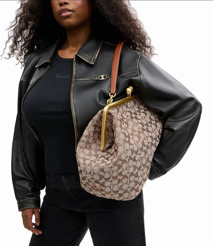 Large Oversized Lock Frame Crystal Jacquard Shoulder Bag