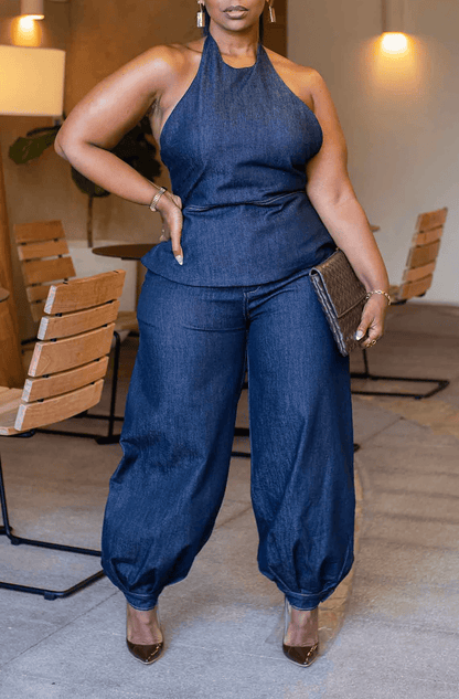 Denim Halter Pant Set