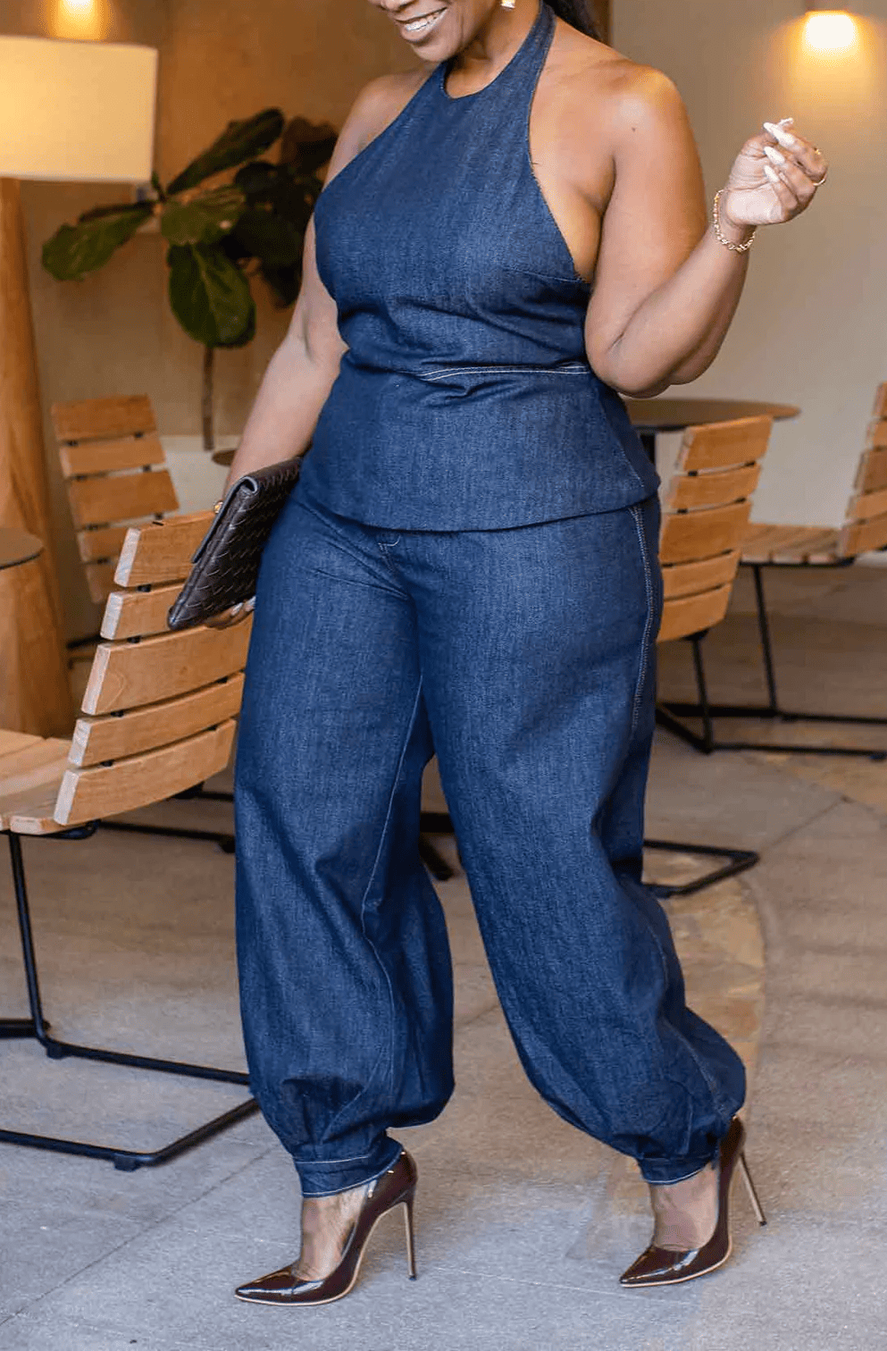 Denim Halter Pant Set