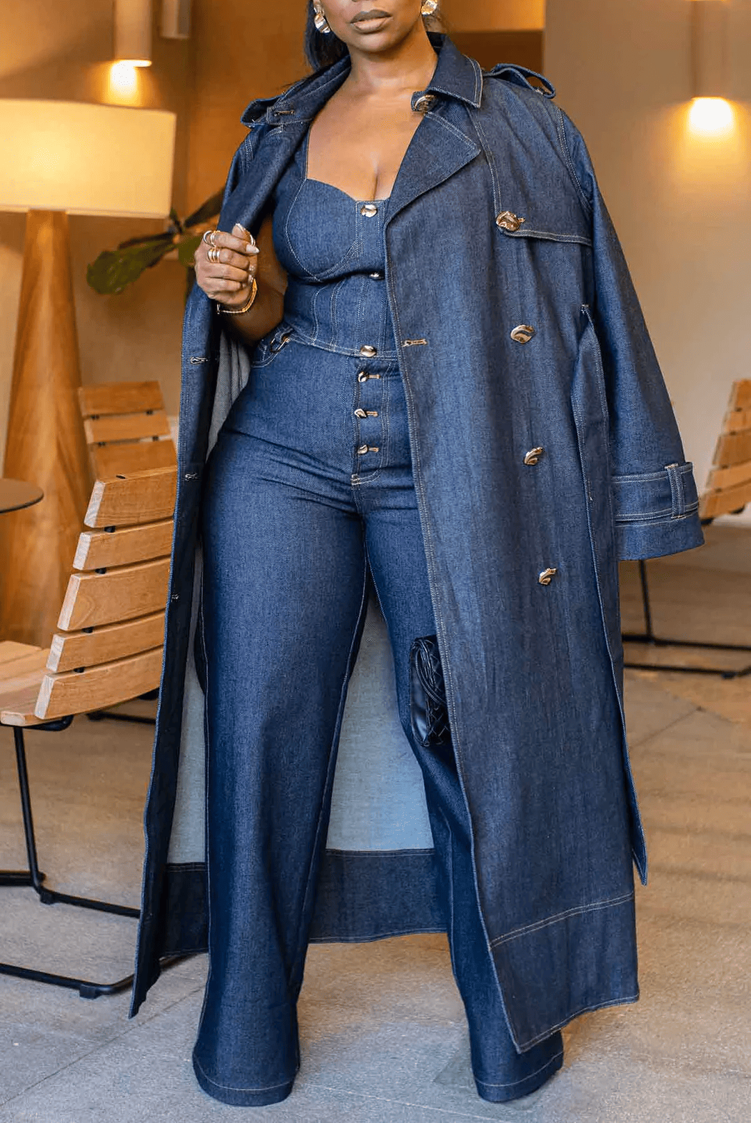 Denim Trench Coat Three-Piece Set