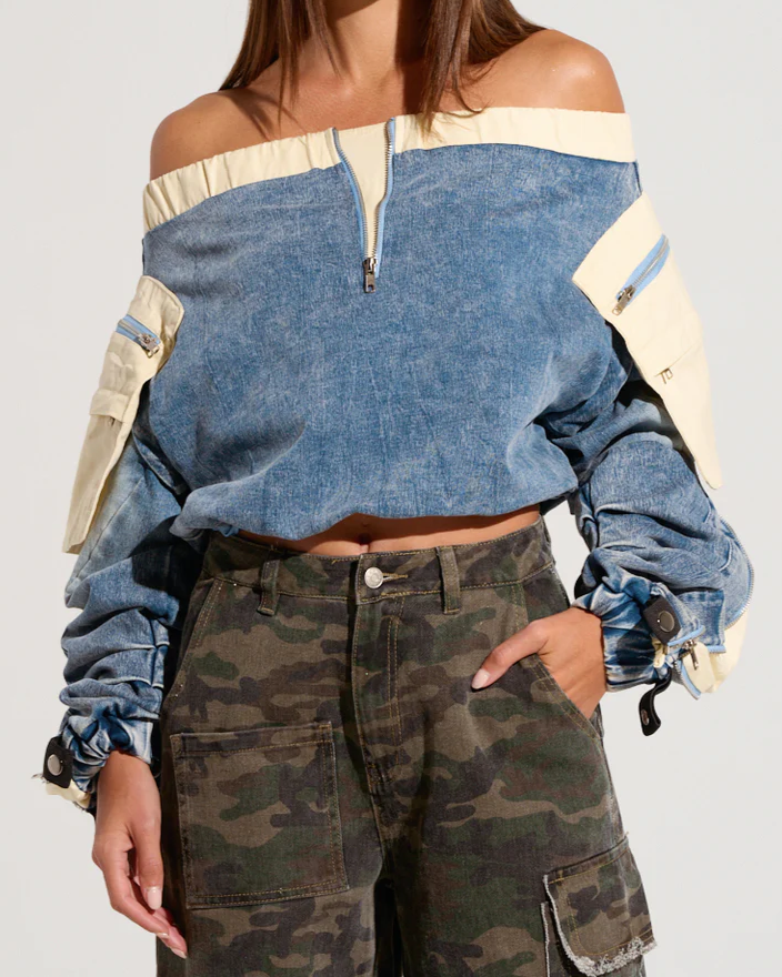 Off Shoulder Denim Scrunch Top+Stretch Pants