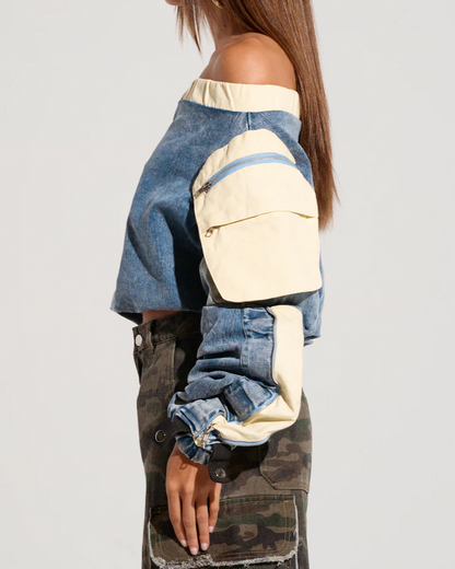 Off Shoulder Denim Scrunch Top+Stretch Pants