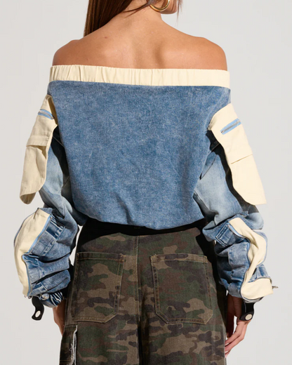 Off Shoulder Denim Scrunch Top+Stretch Pants