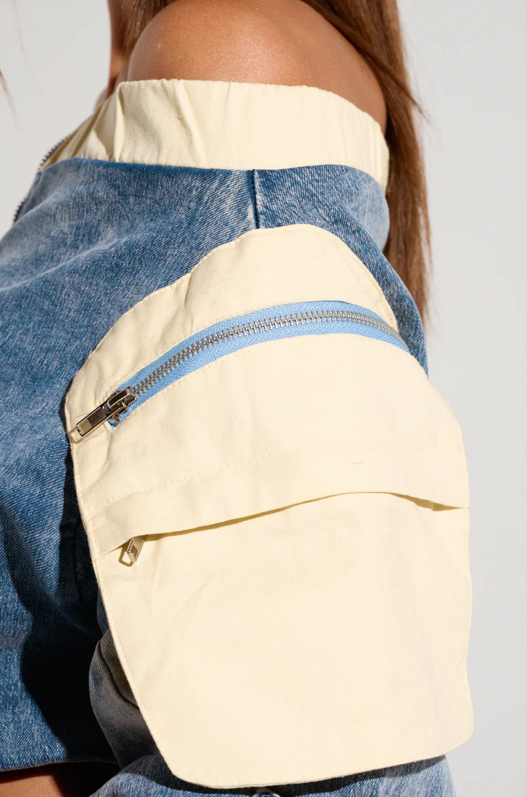 Off Shoulder Denim Scrunch Top+Stretch Pants