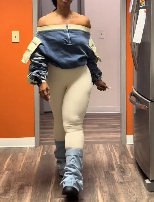 Off Shoulder Denim Scrunch Top+Stretch Pants