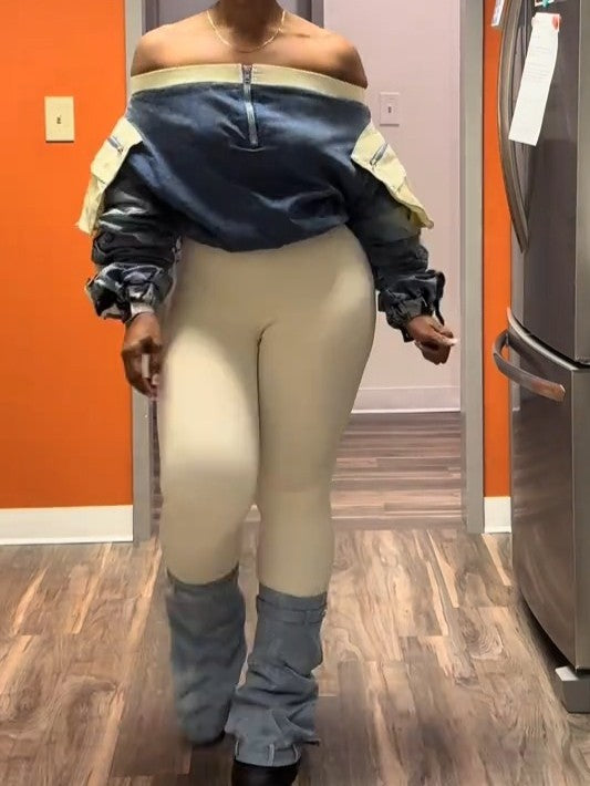 Off Shoulder Denim Scrunch Top+Stretch Pants