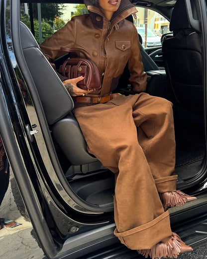 Stand-Collar Leather Jacket + Wide-leg Jeans