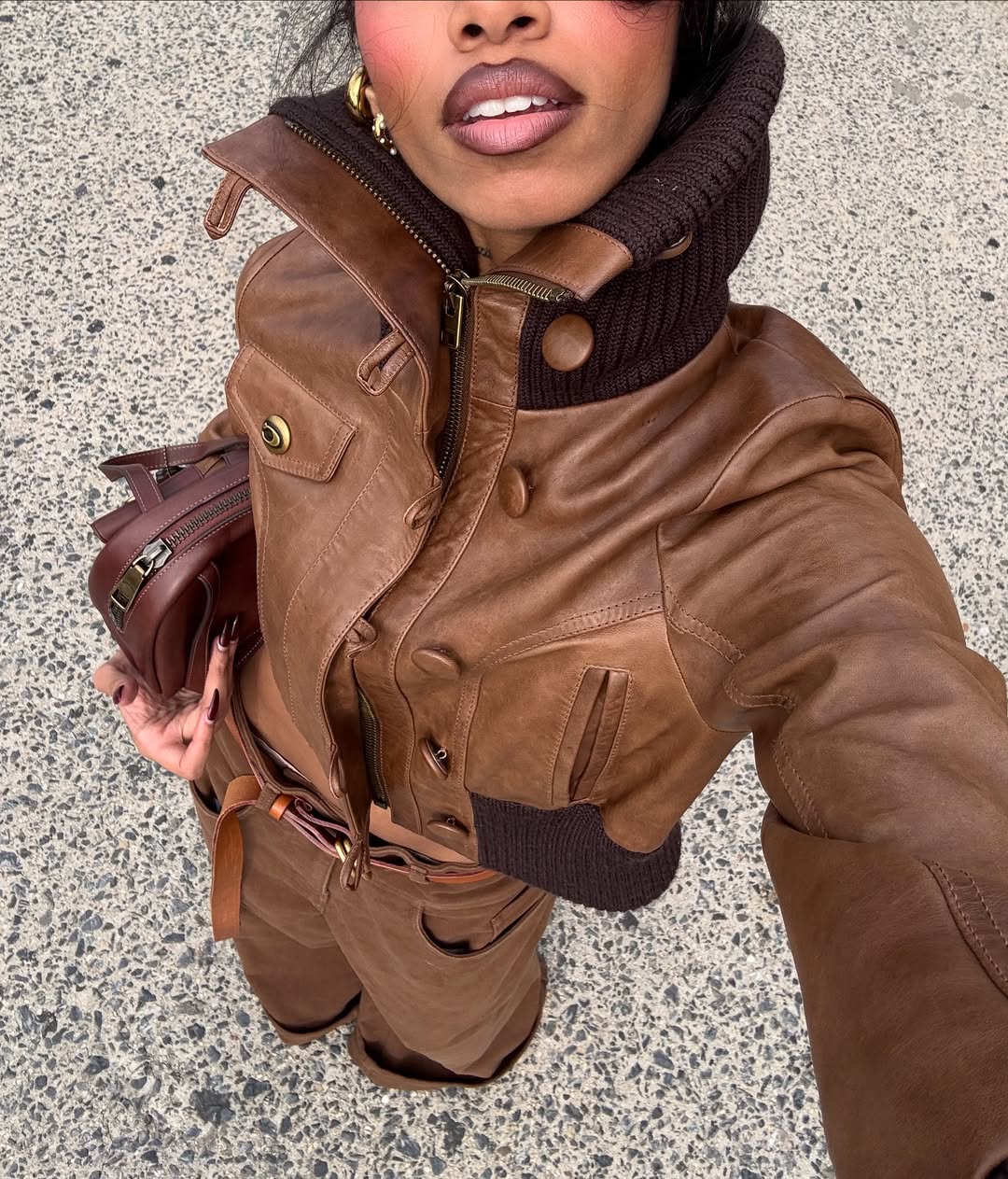 Stand-Collar Leather Jacket + Wide-leg Jeans