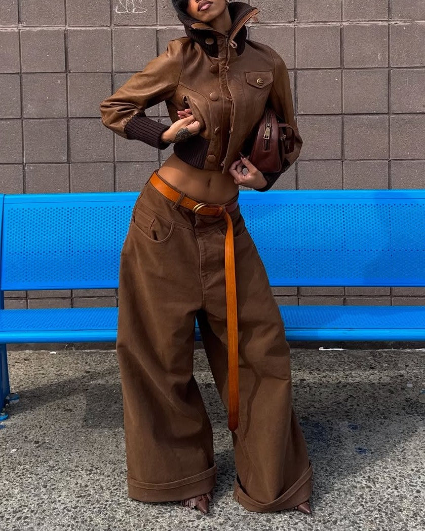 Stand-Collar Leather Jacket + Wide-leg Jeans