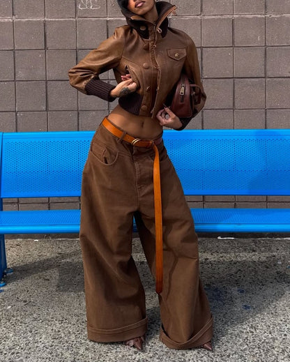 Stand-Collar Leather Jacket + Wide-leg Jeans