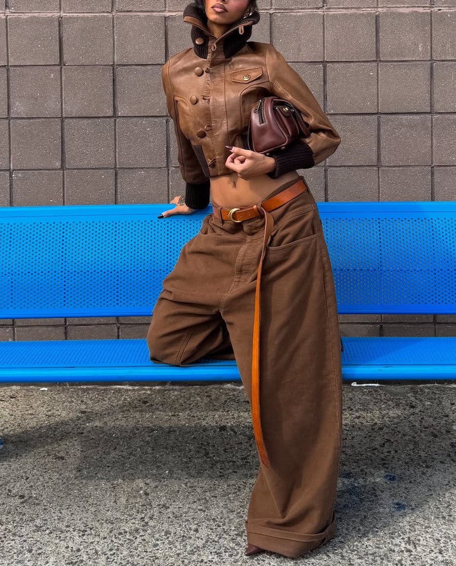 Stand-Collar Leather Jacket + Wide-leg Jeans