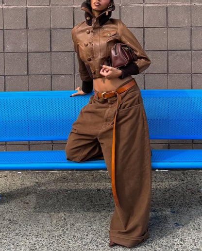 Stand-Collar Leather Jacket + Wide-leg Jeans