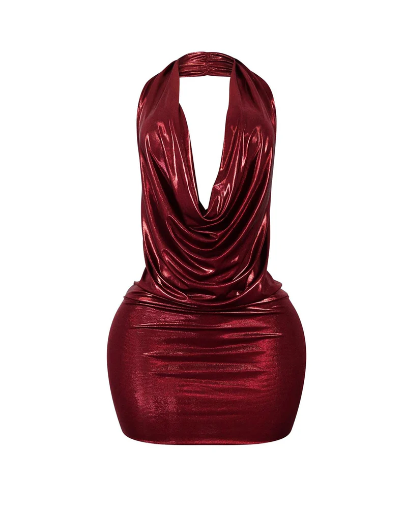 Pleated Metallic Foil Halter Dress