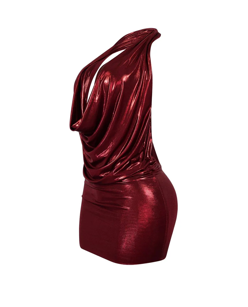 Pleated Metallic Foil Halter Dress