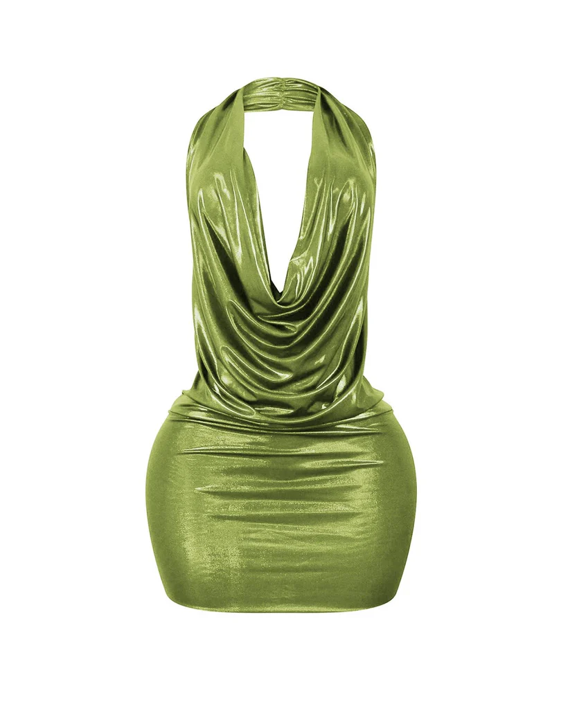 Pleated Metallic Foil Halter Dress