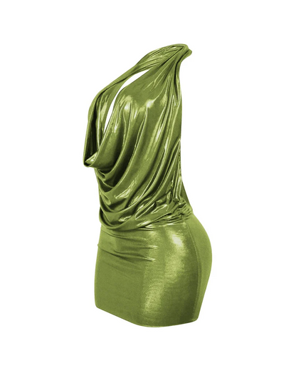 Pleated Metallic Foil Halter Dress