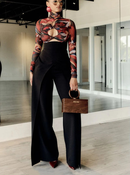 Corset-Style Domed Waistband Wide-Leg Pants