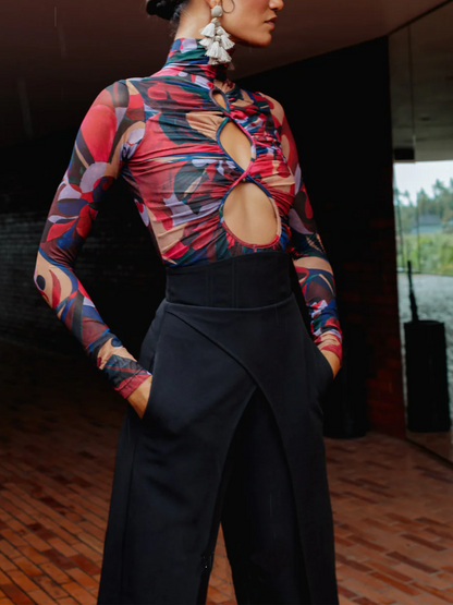 Corset-Style Domed Waistband Wide-Leg Pants