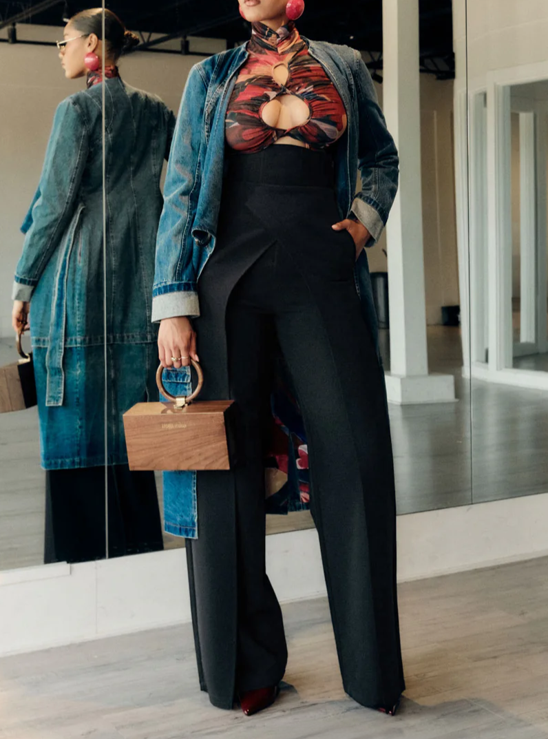 Corset-Style Domed Waistband Wide-Leg Pants