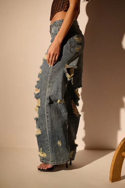 Relaxed Waist Cut out Denim Jeans