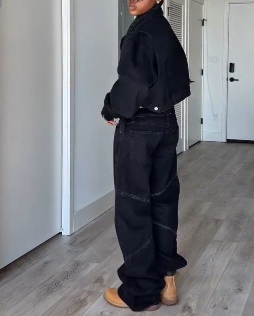 Cropped Denim Jacket + Low-Rise Wide-Leg Jeans