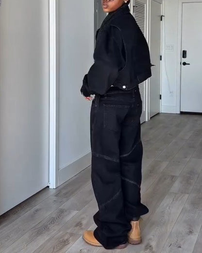 Cropped Denim Jacket + Low-Rise Wide-Leg Jeans