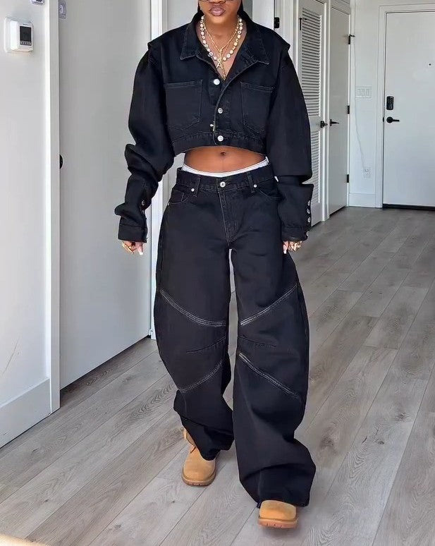 Cropped Denim Jacket + Low-Rise Wide-Leg Jeans