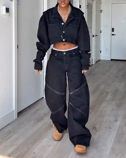 Cropped Denim Jacket + Low-Rise Wide-Leg Jeans