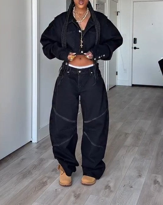 Cropped Denim Jacket + Low-Rise Wide-Leg Jeans