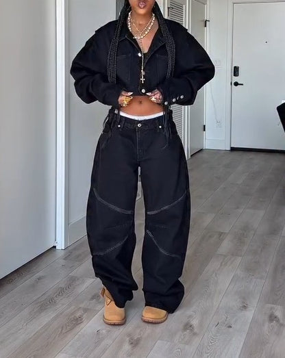 Cropped Denim Jacket + Low-Rise Wide-Leg Jeans