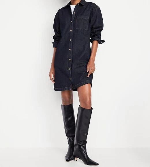 Long-Sleeve Denim Mini Shirt Dress