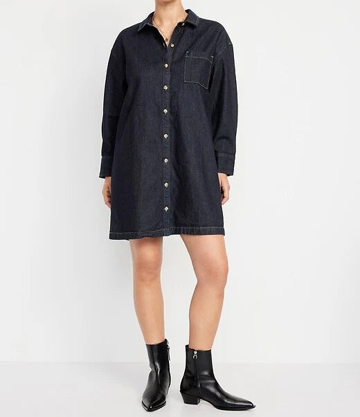Long-Sleeve Denim Mini Shirt Dress