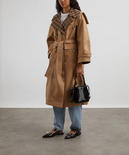 Check-Print Oversized Cotton Trench Coat