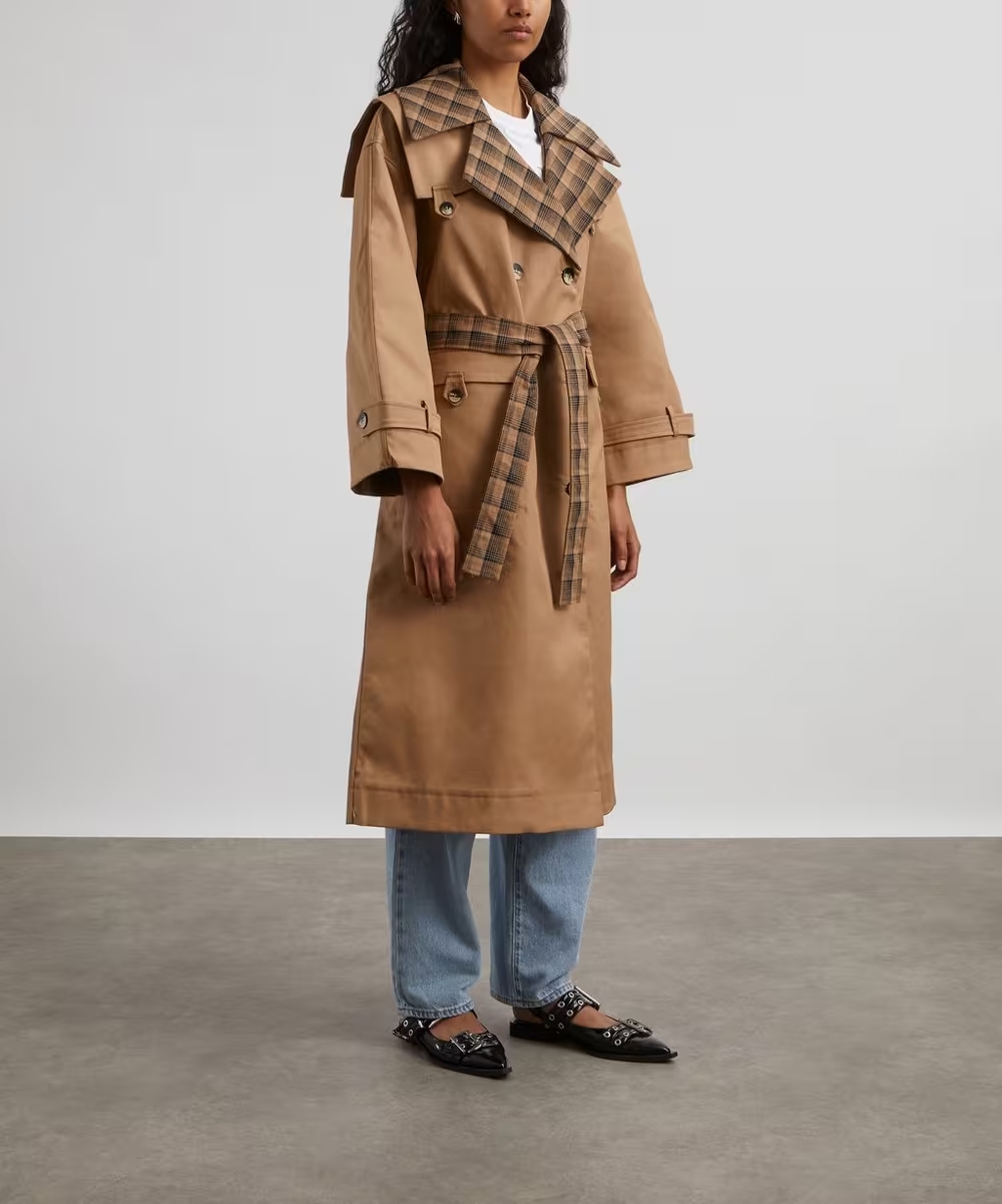 Check-Print Oversized Cotton Trench Coat