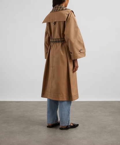 Check-Print Oversized Cotton Trench Coat