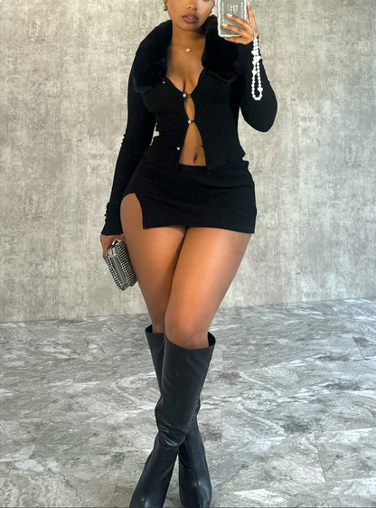 Faux Fur-Trimmed Top & Skirt Set