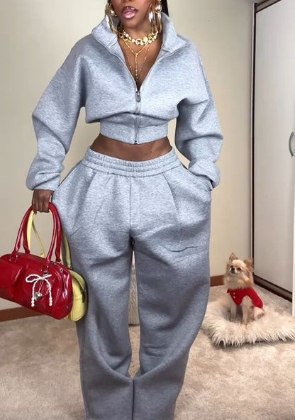 Cropped Long-Sleeve Athletic Jacket + Wide-Leg Athletic Pants