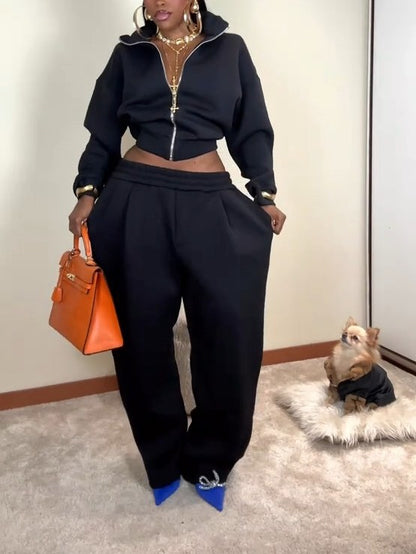 Cropped Long-Sleeve Athletic Jacket + Wide-Leg Athletic Pants