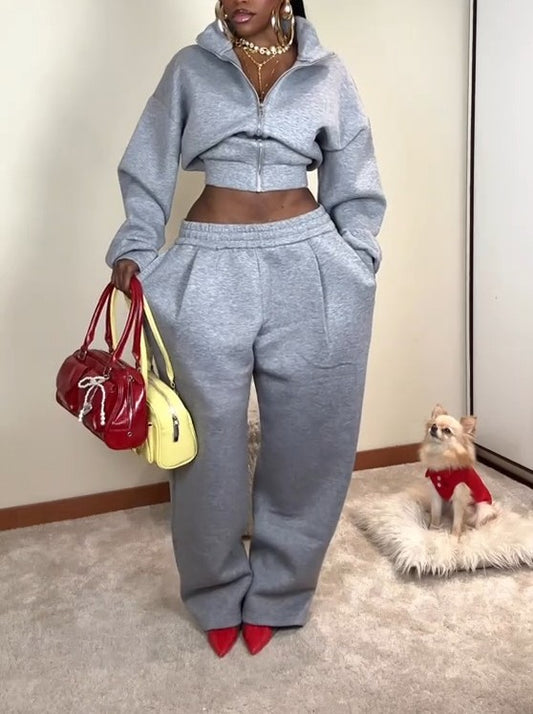 Cropped Long-Sleeve Athletic Jacket + Wide-Leg Athletic Pants