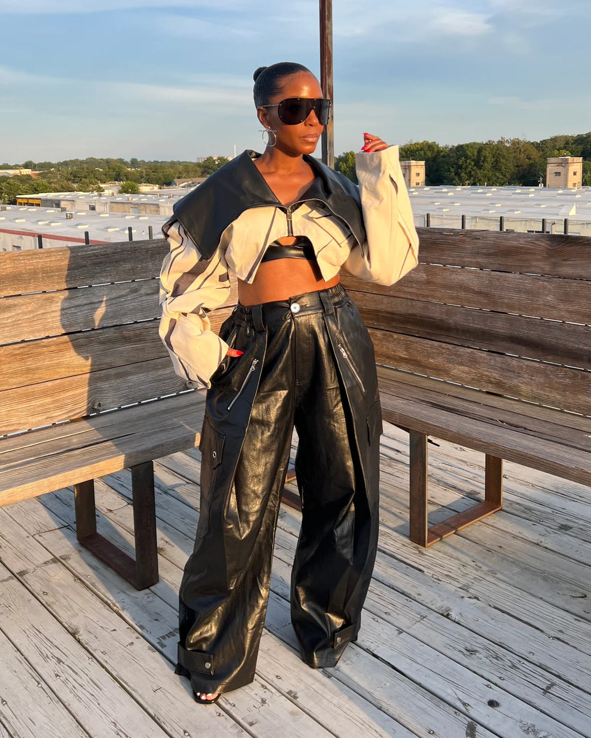 Cropped Moto Jacket + Power Play Utility PU Pants