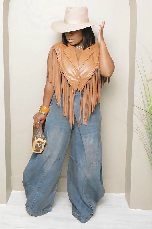 Cropped Fringed Sleeveless Blazer Vest