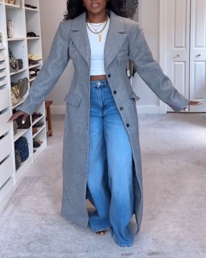 Long Sleeve Cinched Waist Wool Look Maxi Coat