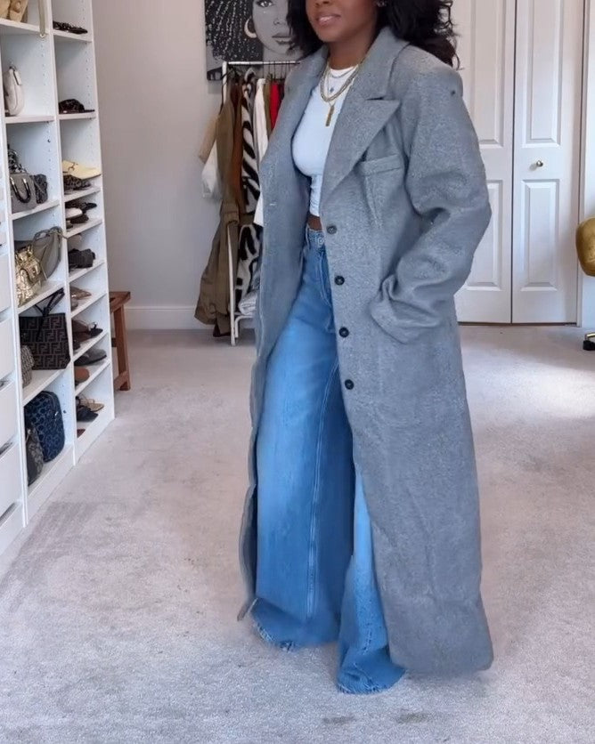 Long Sleeve Cinched Waist Wool Look Maxi Coat