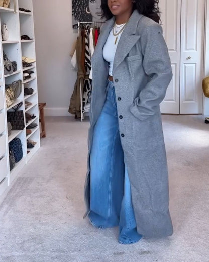 Long Sleeve Cinched Waist Wool Look Maxi Coat