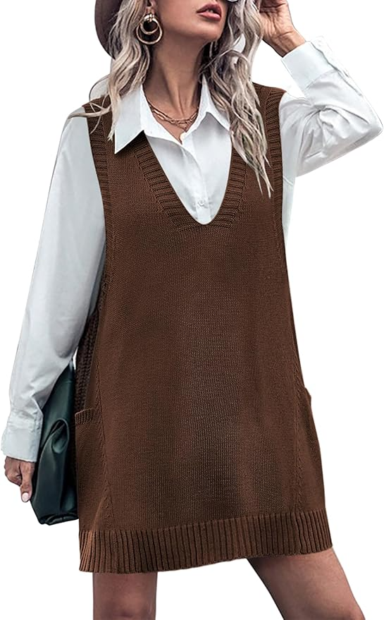 Oversized V Neck Sleeveless Knit Pullover  with Shirt