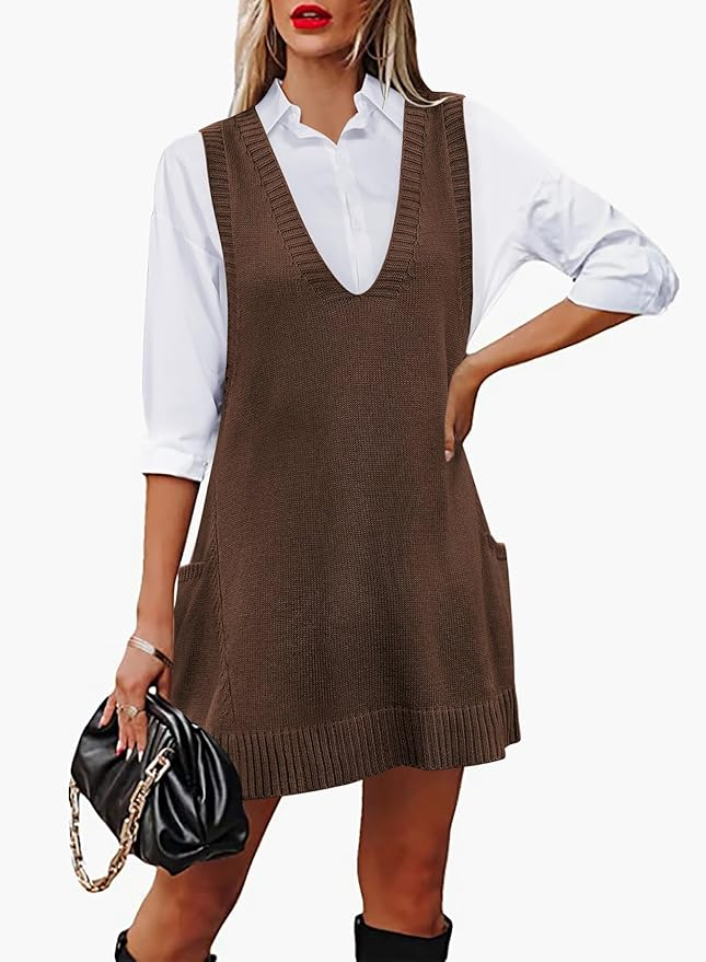 Oversized V Neck Sleeveless Knit Pullover  with Shirt