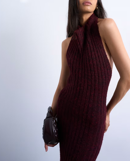 Red Knit Backless Halter Neck Dress